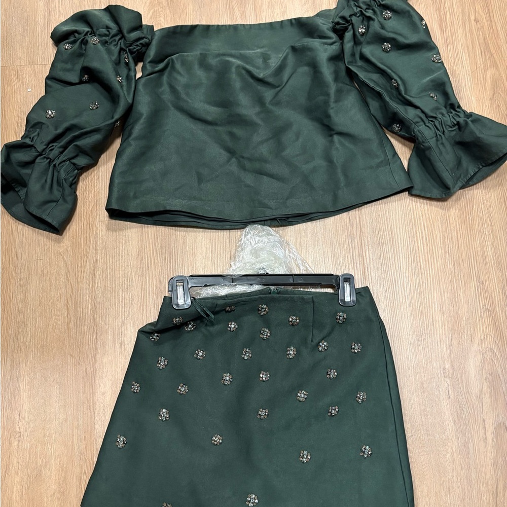 C/MEO Collective Dark Green Beaded Top and Skirt Set